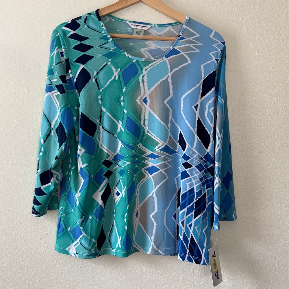 Allison Daley Petite Statement Tee Blue Teal Geometric 3/4 Sleeve Top PM NWT